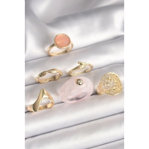 Pirinç Gold Renk Pembe Plastik Yüzük Model Daire Pembe Mine Yılan Detay 6Lı Kadın Yüzük Seti