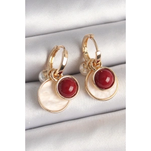 Pirinç Gold Renk Sallantı Beyaz Mineli Bordo Detay Kadın Küpe