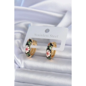 Pirinç Gold Renk Siyah Çiçek İşleme Kadın Küpe