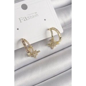 Pirinç Gold Renk Zirkon Taşlı Halka Model Yıldız Detay Kadın Küpe