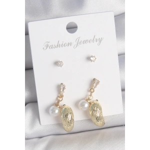 Pirinç Gold Renk Zirkon Taşlı İncili Sallantılı İşlemeli Damla Model 3 Çift Kadın Küpe Seti