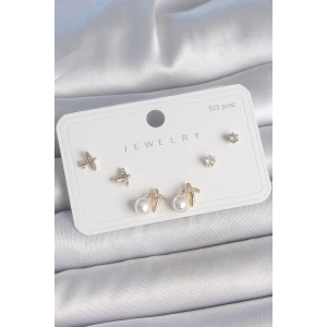 Pirinç Gold Renk Zirkon Taşlı Kelebek Model İnci Detay 925 Ayar Gümüş Çivi Kadın Küpe Seti