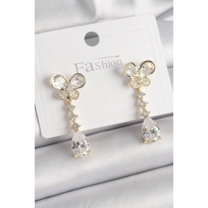 Pirinç Gold Renk Zirkon Taşlı Kelebek Model Sallantı Damla Zirkon Taş Kadın Küpe