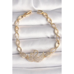 Pirinç Gold Renk Zirkon Taşlı Kuğu Figür Damla Zincir Model Kadın Bileklik