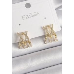 Pirinç Gold Renk Zirkon Taşlı X Model Sallantı Detay Kadın Küpe
