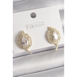 Pirinç Gold Renk Zirkon Taşlı Yaprak Model Kadın Küpe