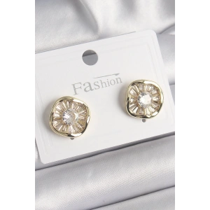 Pirinç Gold Renk Zirkon Taşlı Yonca Model Kadın Küpe