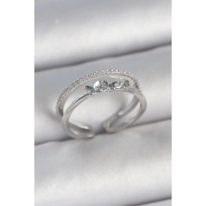 Pirinç Gümüş Renk 2Li Zirkon Taş Detaylı Kelebek Figür Ayarlanabilir Model Kadın Yüzük