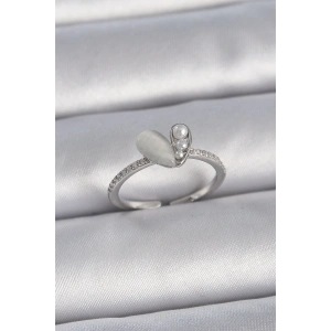 Pirinç Gümüş Renk Ayarlanabilir Zirkon Taşlı İncili Beyaz Mineli Kalp Model Kadın Yüzük