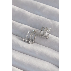 Pirinç Gümüş Renk İncili Çoklu Zirkon Taşlı Yarım Halka Küpe