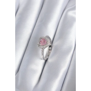 Pirinç Gümüş Renk Pembe Zirkon Taş Kalp Charm Model Kadın Yüzük