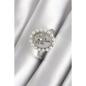 Pirinç Gümüş Renk Portre Gül Model İnci Detay Kadın Yüzük