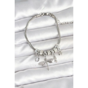 Pirinç Gümüş Renk Yusufçuk Charmlı Kadın Bileklik