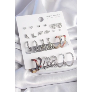 Pirinç Gümüş Renk Zirkon Taş Detaylı 12 Çift Kadın Küpe