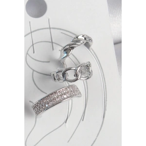 Pirinç Gümüş Renk Zirkon Taşlı 3Lü Zincir Sarmal Model Kadın Kıkırdak Küpe