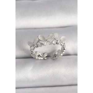 Pirinç Gümüş Renk Zirkon Taşlı Beyaz Mineli Kelebek Model Ayarlanabilir Yüzük