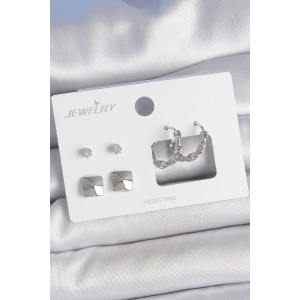 Pirinç Gümüş Renk Zirkon Taşlı Burgu Halka Model Kare Detay 3 Çift Kadın Küpe Seti