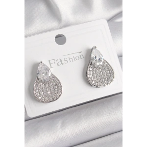 Pirinç Gümüş Renk Zirkon Taşlı Damla Model Kadın Küpe