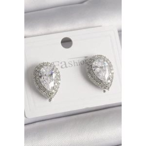 Pirinç Gümüş Renk Zirkon Taşlı Damla Model Kadın Küpe