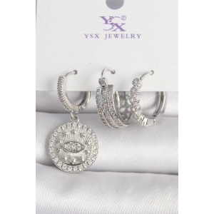 Pirinç Gümüş Renk Zirkon Taşlı Göz İşlemeli Halka Model 3Lü Kadın Kombin Küpe