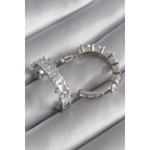 Pirinç Gümüş Renk Zirkon Taşlı Halka Model Kadın Küpe