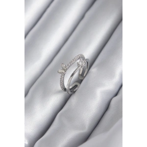 Pirinç Gümüş Renk Zirkon Taşlı Kelebek Model Kadın Yüzük