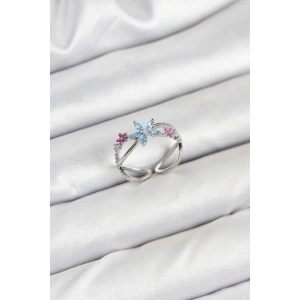 Pirinç Gümüş Renk Zirkon Taşlı Mavi Çiçekli Kadın Yüzük