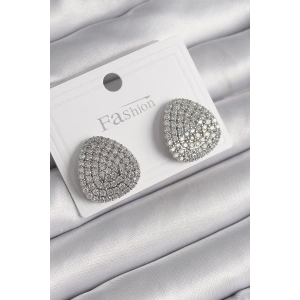 Pirinç Gümüş Renk Zirkon Taşlı Plaka Model Kadın Küpe