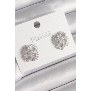 Pirinç Gümüş Renk Zirkon Taşlı Yonca Model Kadın Küpe