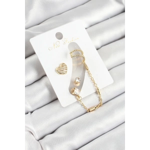 Pirinç Kalp Figürlü Zirkon Taşlı Gold Renk 3lü Kıkırdak Kadın Küpe Set