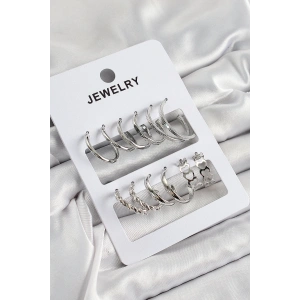 Pirinç Karışık Halka Model Gümüş Renk 6 Çift Kadın Küpe Set