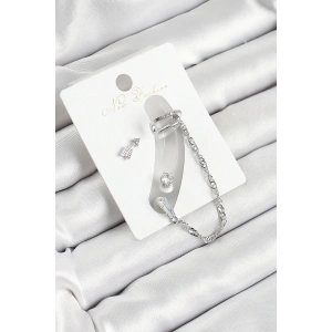 Pirinç Ok Figürlü Zirkon Taşlı Gümüş Renk 3lü Kıkırdak Kadın Küpe Set