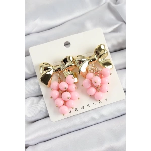 Pirinç Sallantılı Pembe Boncuklu Fiyonk Vintage Model Gold Renk Kadın Küpe