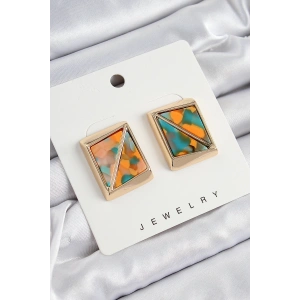 Pirinç  Turuncu Yeşil Üçgen Kesim Detaylı Kare Model Vintage Gold Renk Kadın Küpe