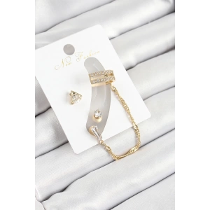 Pirinç Üçgen Figürlü Zirkon Taşlı Gold Renk 3lü Kıkırdak Kadın Küpe Set