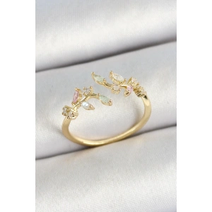 Pirinç Yaprak Figürlü Zirkon Taşlı Gold Renk Ayarlanabilir Kadın Yüzük