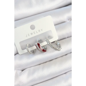 Pirinç Zirkon Taşlı Bordo Pembe Halka Model Gümüş Renk 3lü Çift Kadın Küpe Set