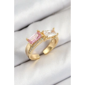 Pirinç Zirkon Taşlı Dikdörtgen Model Gold Renk Kadın Yüzük