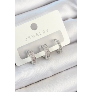 Pirinç Zirkon Taşlı Halka Model Gümüş Renk 3lü Çift Kadın Küpe Set