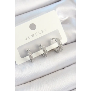 Pirinç Zirkon Taşlı Halka Model Gümüş Renk 3lü Çift Kadın Küpe Set