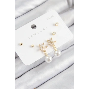 Pirinç Zirkon Taşlı İnci Sallantılı Çiçek Model Gümüş Renk 925 Ayar Gümüş Çivi Kadın Küpe Set