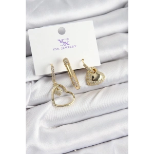 Pirinç Zİrkon Taşlı Kalp Model Gold Renk 3lü Kadın Küpe