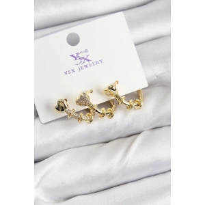 Pirinç Zİrkon Taşlı Kalp Model Gold Renk 3lü Kadın Küpe