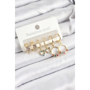 Pirinç Zirkon Taşlı Kalp Ve Halka Model Gold Renk 6lı Set Kadın Küpe