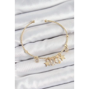 Pirinç Zirkon Taşlı Kelebek Ve Yıldız Model Gold Renk Charm Bileklik