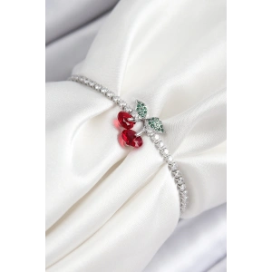 Pirinç Zirkon Taşlı Kiraz Model Gümüş Renk Asansörlü Kadın Bileklik