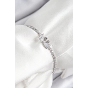 Pirinç Zirkon Taşlı Kuğu Model Gümüş Renk Asansörlü Kadın Bileklik