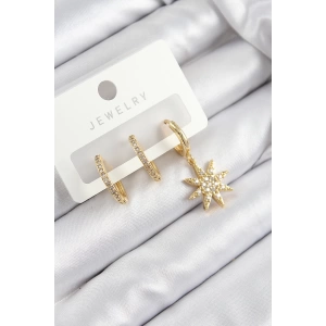 Pirinç Zirkon Taşlı Kutup Yıldızı Model Gold Renk 3lü Set Kadın Küpe