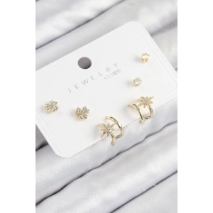 Pirinç Zirkon Taşlı Kutup Yıldızı Model Gold Renk 925 Ayar Gümüş Çivi Kadın Küpe Set