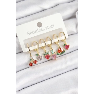 Pirinç Zirkon Taşlı Meyve Temalı Karışık Model Gold Renk 6lı Set Kadın Küpe